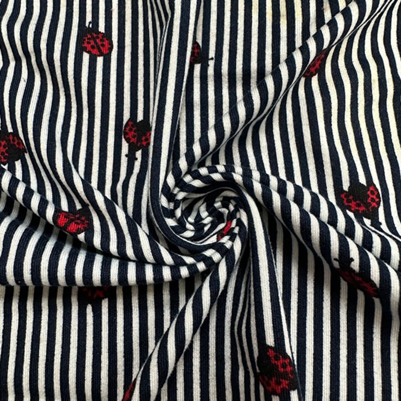 Navy Blue Stripe Ladybug Print Double Brushed Jersey Knit Fabric By the Yard